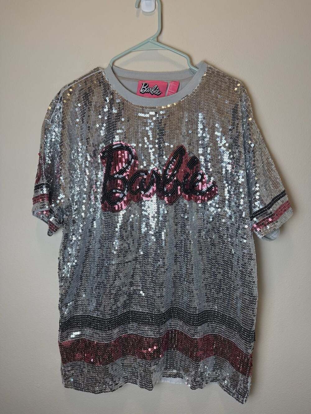Forever 21 x Barbie Sequin Jersey T-Shirt Dress Size S Silver